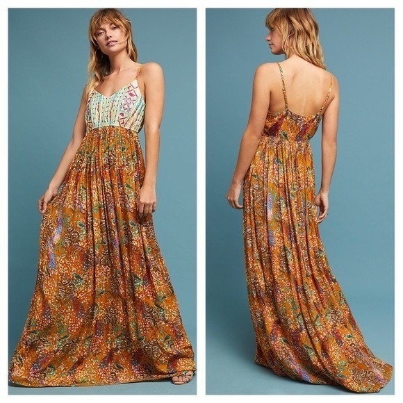 Anthropologie Dresses & Skirts - RAGA Anthro Feathers Of Paradise Parkland Maxi Dress Size M Floral Embroidered